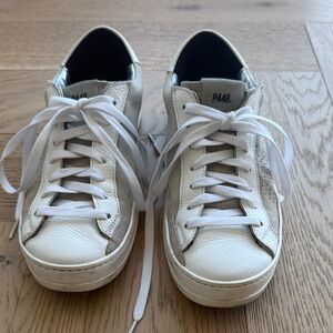 P448 White Leather Low-Top Sneakers with Sparkle Cream Suede Panels